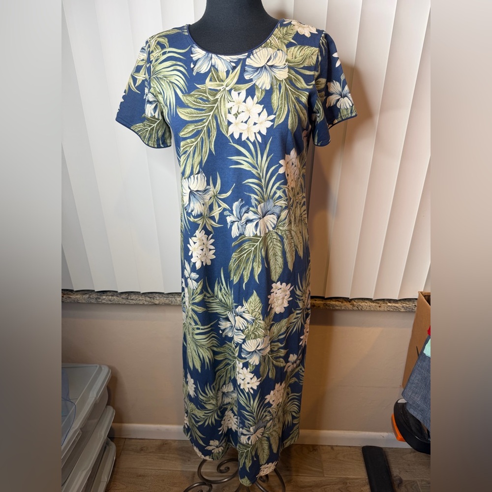 Vintage Island Floral Cotton Hawaiian Dress Blue Green Maxi Size Medium